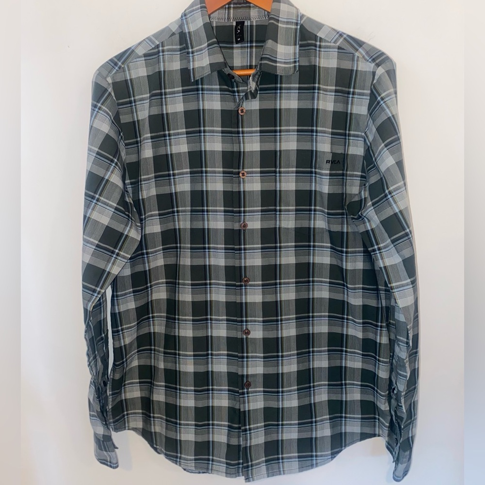 RVCA Green and Blue Plaid Casual Button Down Shirt